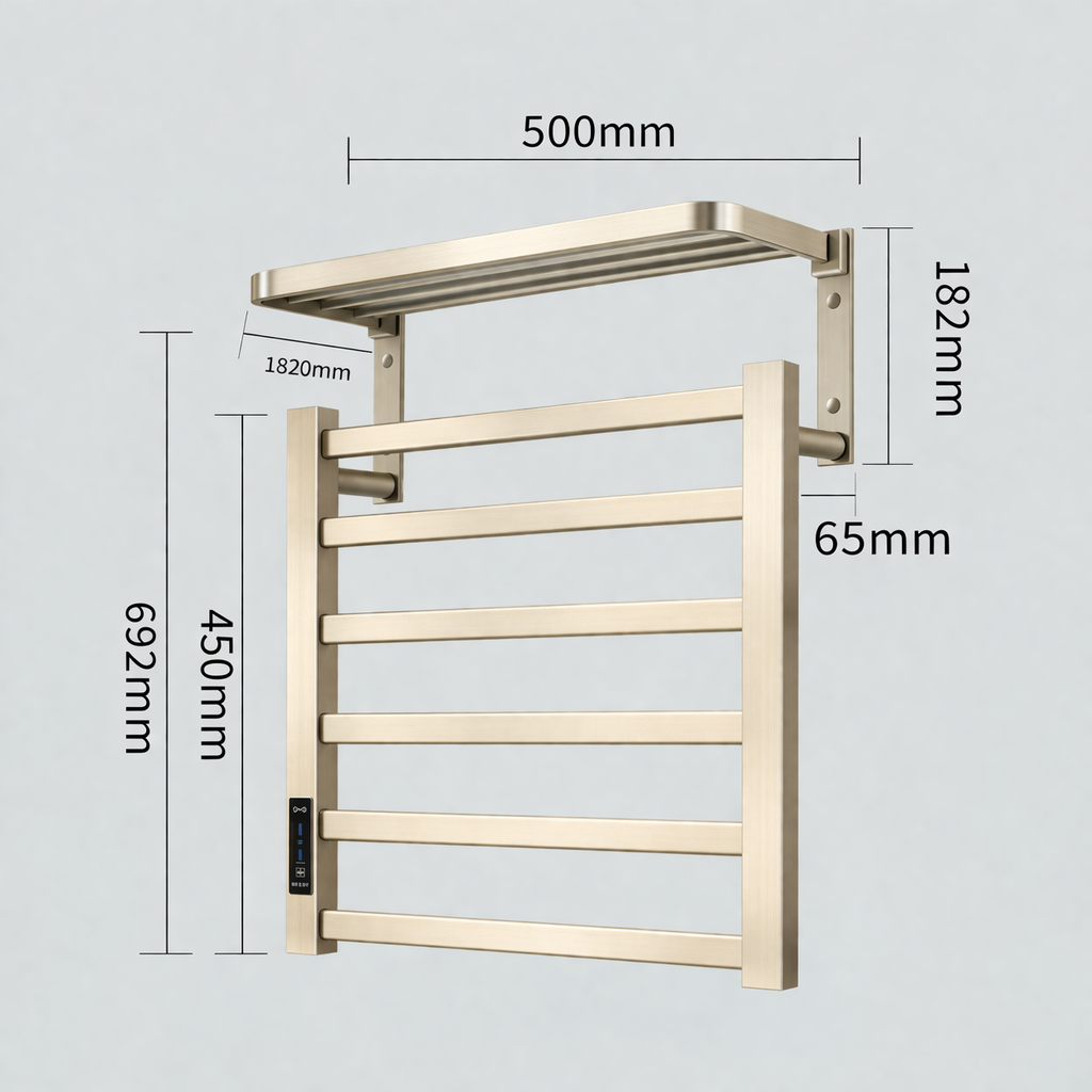 Dimensions of brushed nickel towel warmer rack 500mm width 450mm height