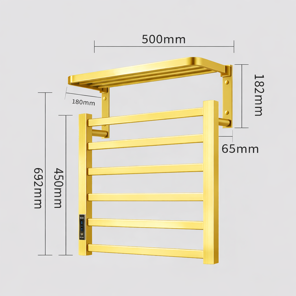 Dimensions of brushed gold towel warmer rack 500mm width 450mm height