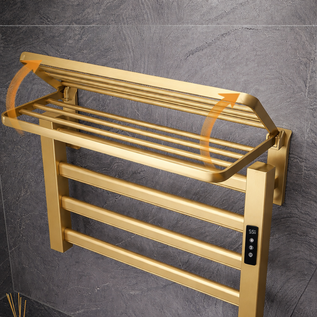 Brushed gold wall-mounted electric towel warmer rack with shelf by MAX Faucets