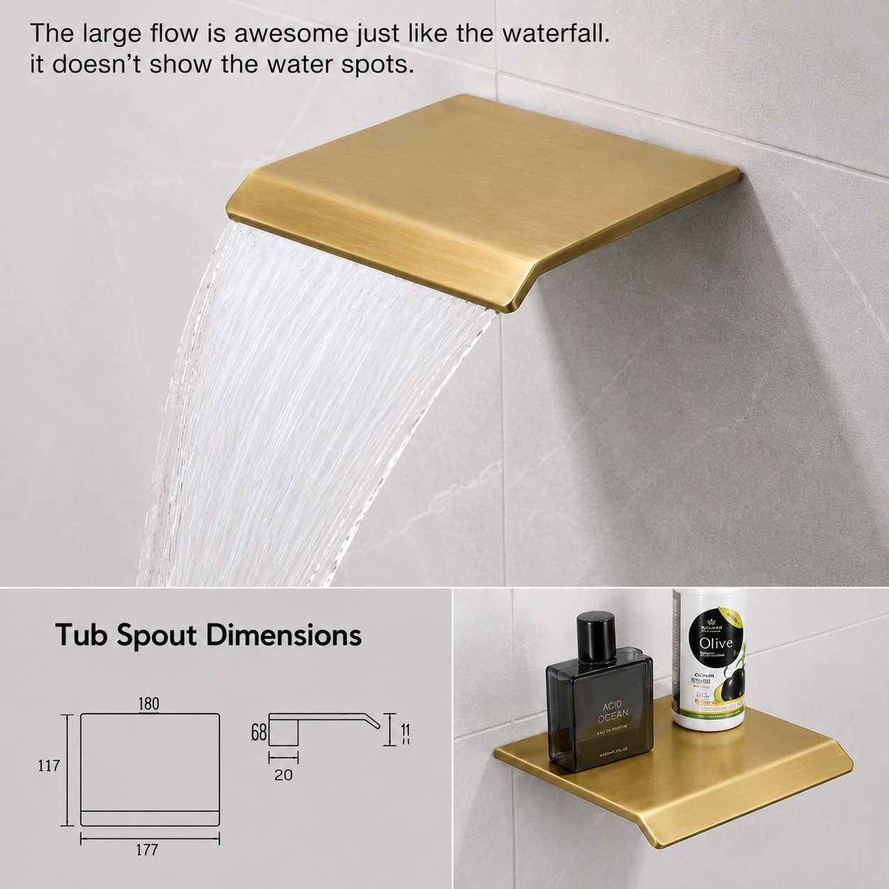 Gold tub spout with water flowing, shown on a tiled wall with dimensions and product placement diagram.
