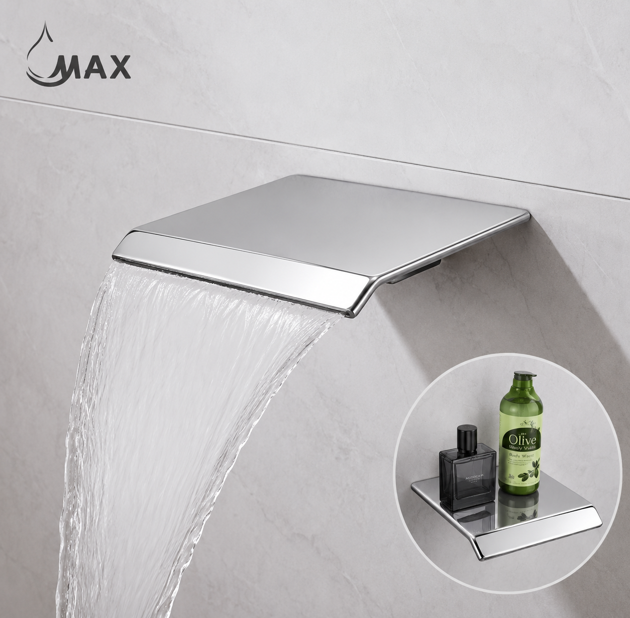 Chrome waterfall faucet with running water and a small inset showing a bottle and soap on a shelf.
