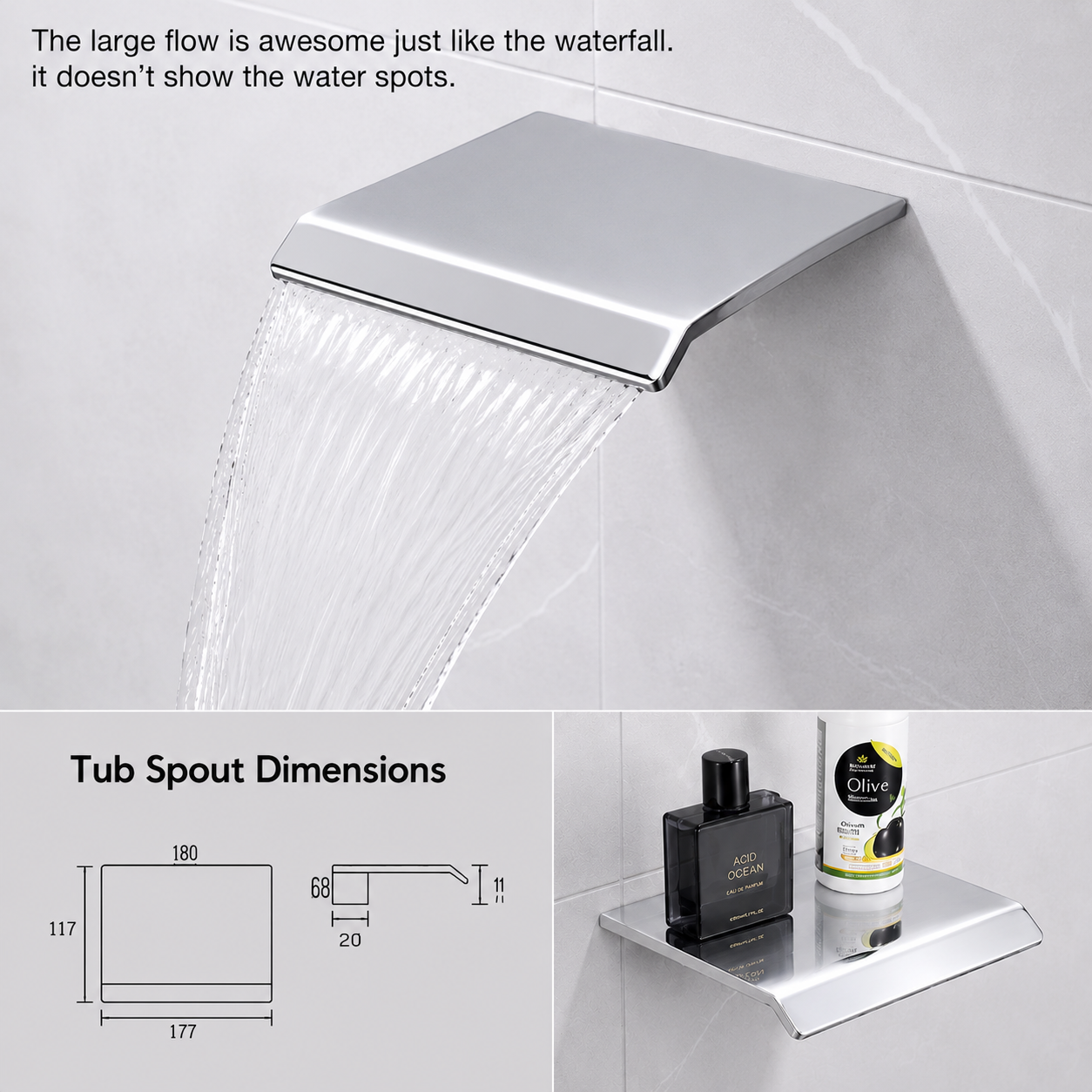 Shower head with water flowing, mounted on a tiled wall, with dimensions displayed below.