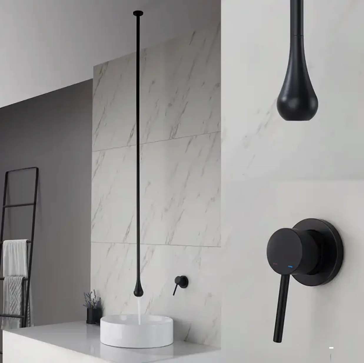 Close-up of matte black ceiling-mounted bathroom faucet above a vessel sink