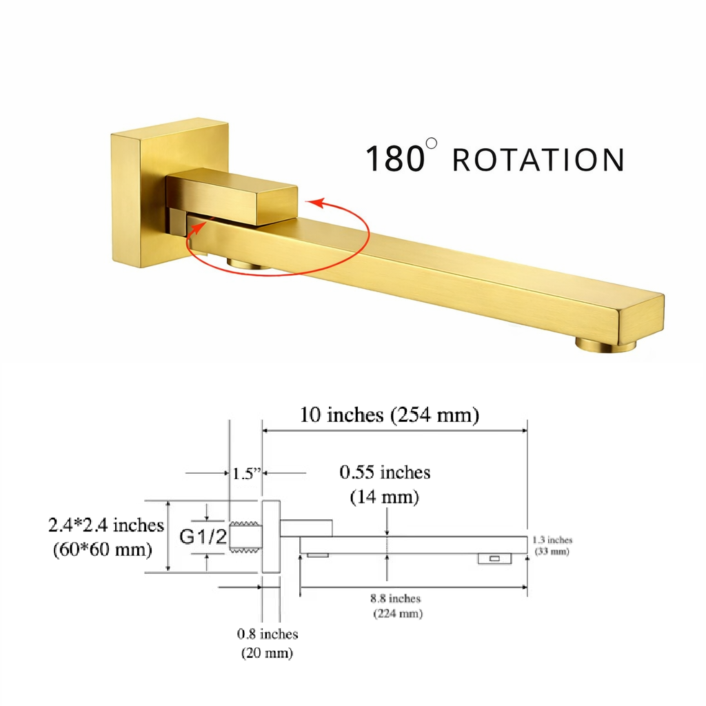 Wall-mounted swivel bathtub spout in brushed gold finish with 180-degree rotation and 10-inch reach by MAX Faucets