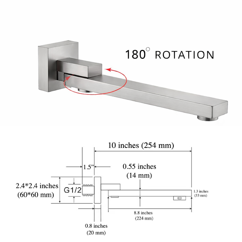 Wall-mounted swivel bathtub spout in brushed nickel finish with 180-degree rotation and 10-inch reach by MAX Faucets