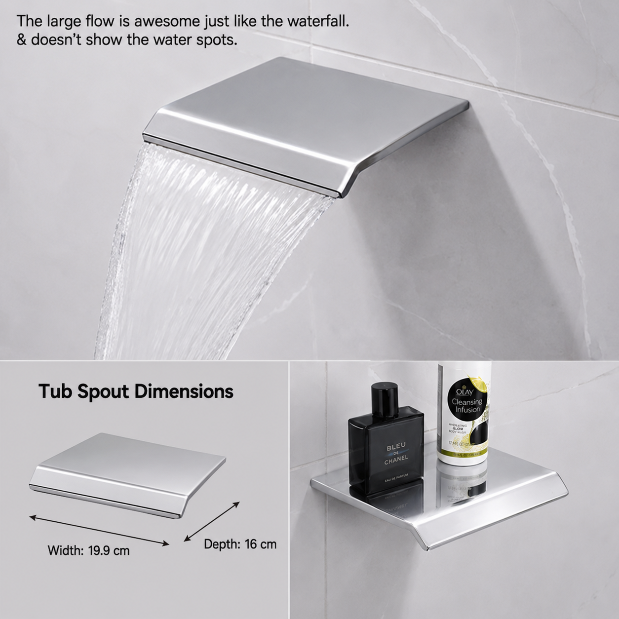 A wall-mounted rectangular shower spout with a waterfall-style shower head, shown installed on a light gray tiled wall. The top panel includes text describing the large flow and a lower-left inset showing tub spout dimensions with width 19.