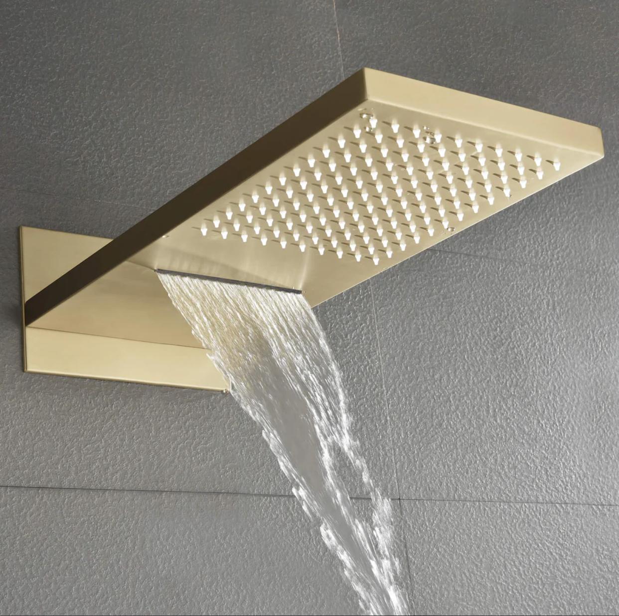 22 inch rainfall and waterfall shower head in brushed gold
