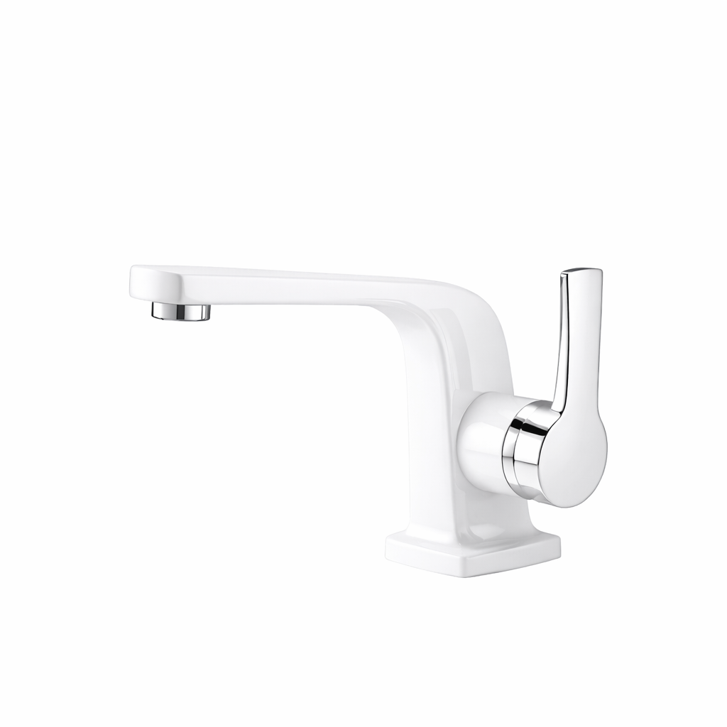 White and chrome bathroom faucet installed on modern vanity by MAX Faucets