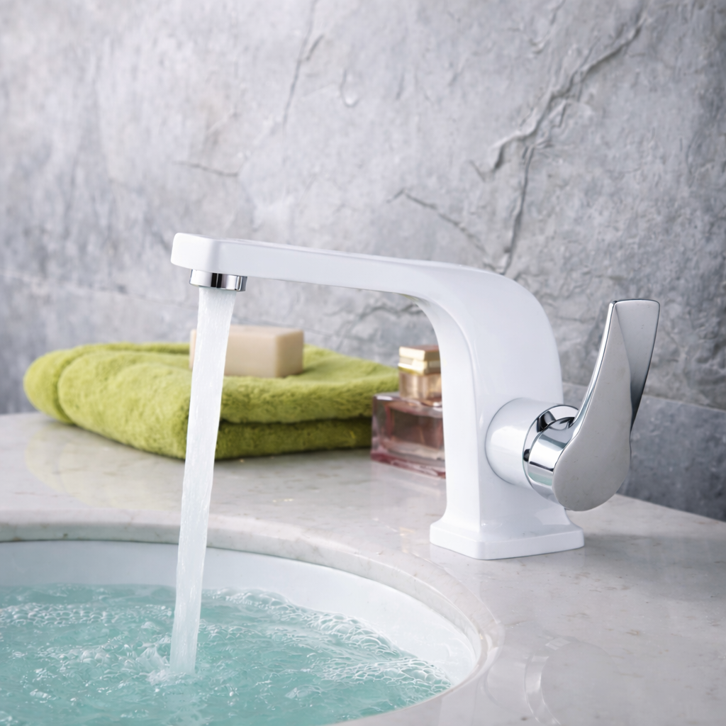 MAX Faucets white and chrome bathroom faucet with modern side handle