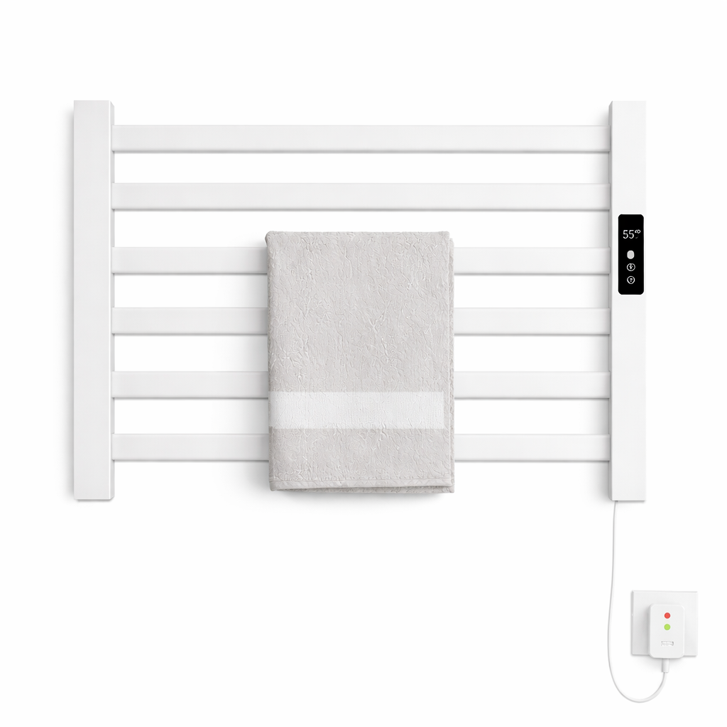 MAX Faucets 6-bar wall-mounted electric towel warmer rack in white with digital control panel, 500x450 mm