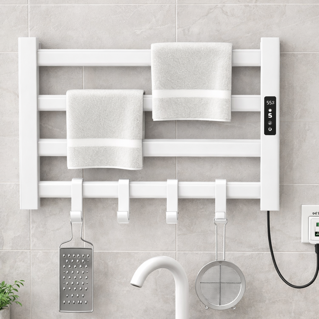 White wall-mounted electric towel warmer rack with hooks installed in modern bathroom with towels