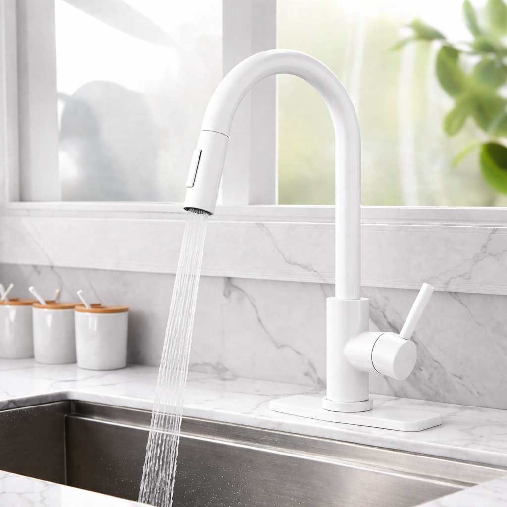 Pull-out kitchen faucet 16 inch high arc white finish