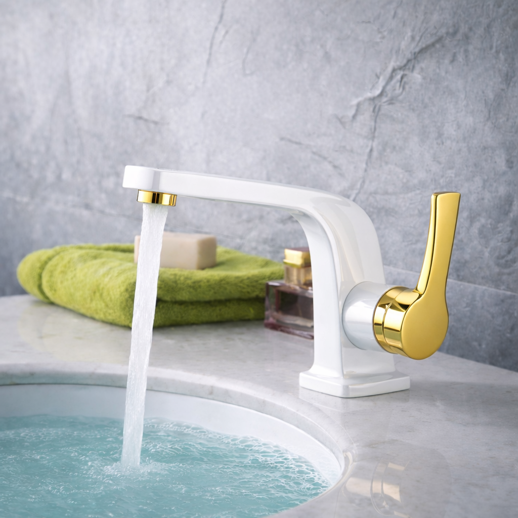 White and shiny gold bathroom faucet with smooth water flow