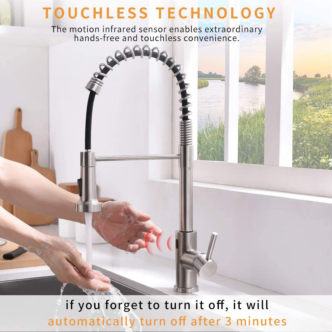 Touchless Kitchen Faucet with Pull-Out Sprayer – 19.5” High Arc Spring Spout, Brushed Nickel Finish