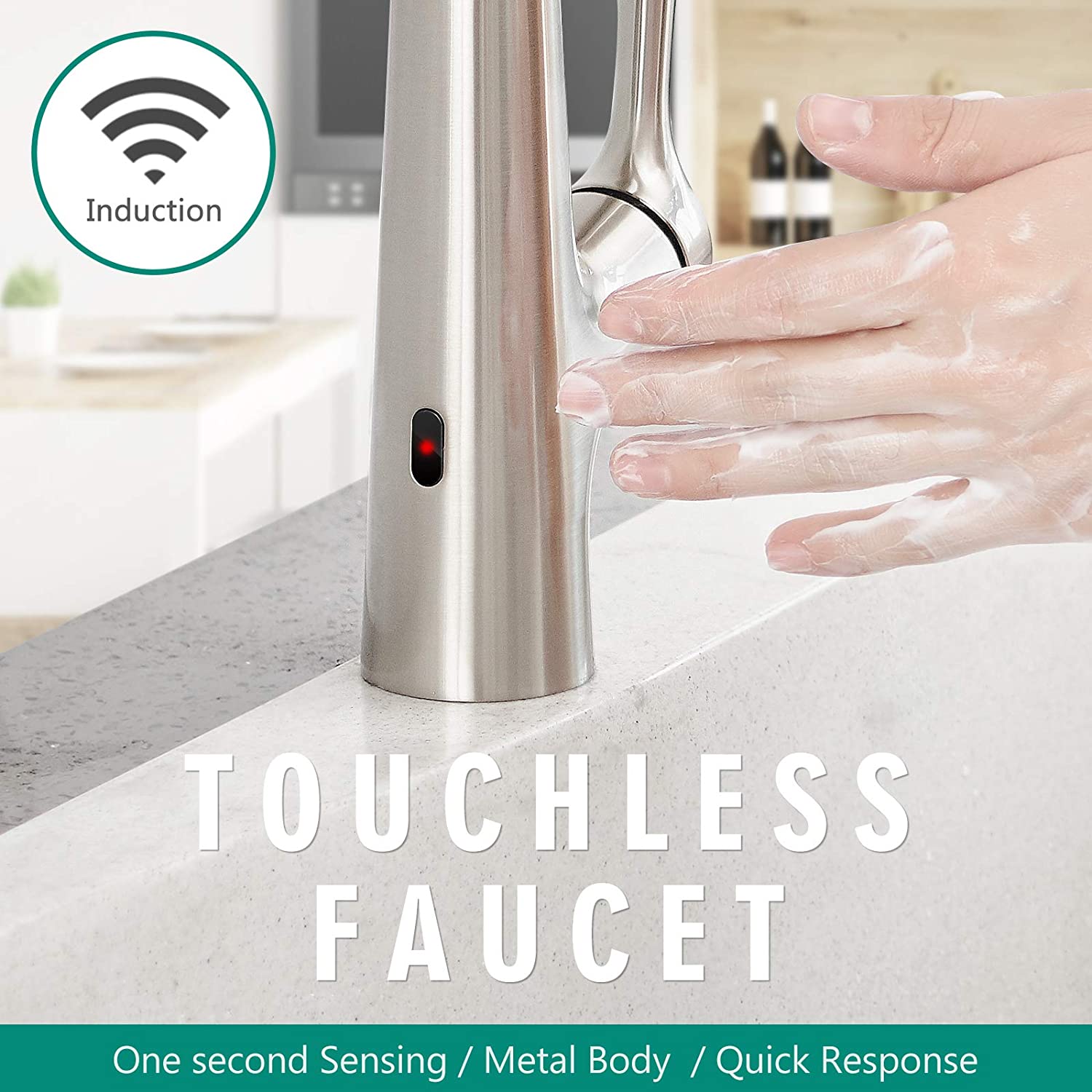 Touchless Kitchen Faucet – Smart Single Handle Pull-Out, 17.75” High Arc Spout Brushed Nickel Finish