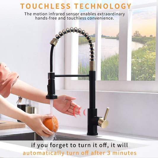 Smart Touch-Less Kitchen Faucet Pull-Out Spring Spout 20" Matte Black, Brushed Gold Finish