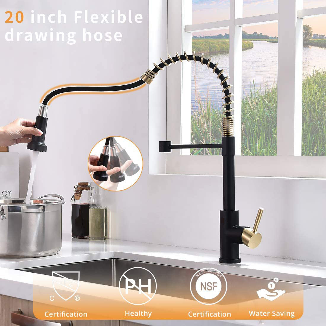 Smart Touch-Less Kitchen Faucet Pull-Out Spring Spout 20" Matte Black, Brushed Gold Finish