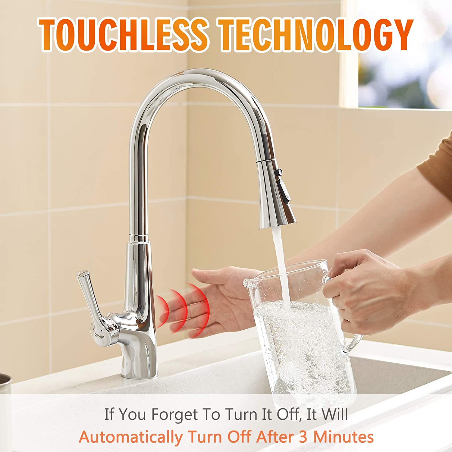 Touchless Kitchen Faucet – Smart Single Handle Pull-Out, 17.75” High Arc Spout Chrome Finish