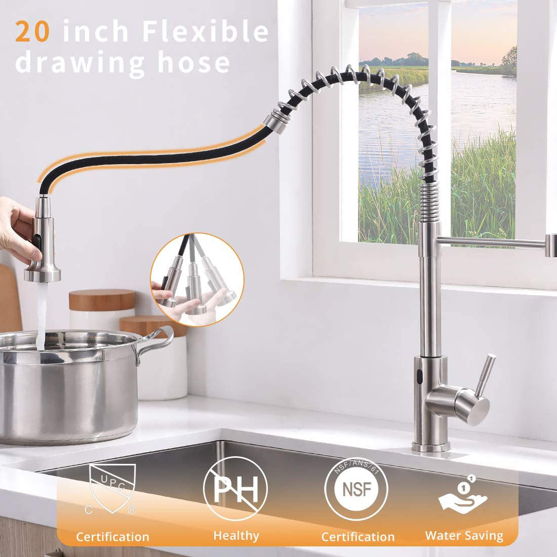 Touchless Kitchen Faucet with Pull-Out Sprayer – 19.5” High Arc Spring Spout, Brushed Nickel Finish