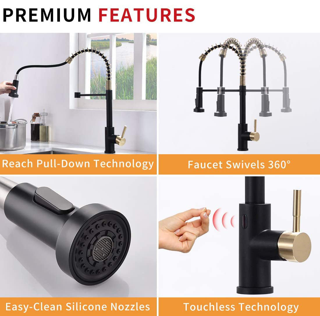 Smart Touch-Less Kitchen Faucet Pull-Out Spring Spout 20" Matte Black, Brushed Gold Finish