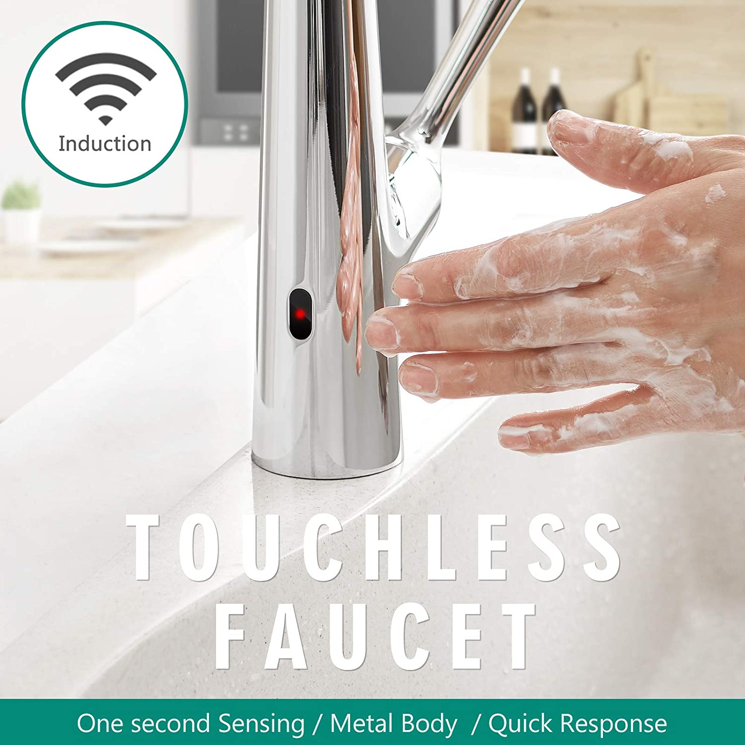 Touchless Kitchen Faucet – Smart Single Handle Pull-Out, 17.75” High Arc Spout Chrome Finish