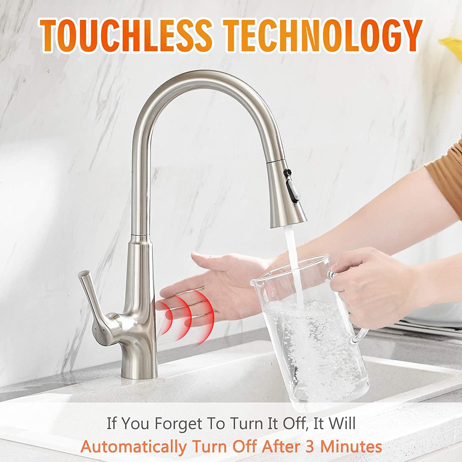 Touchless Kitchen Faucet – Smart Single Handle Pull-Out, 17.75” High Arc Spout Brushed Nickel Finish