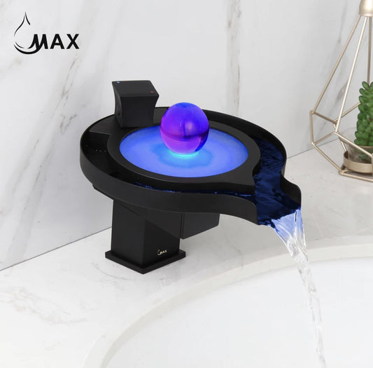 Waterfall Bathroom Faucet With LED Light Matte Black / Glass Finish