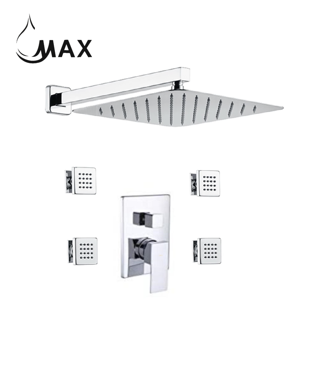 A wall-mounted shower system with a chrome finish, featuring a single handle and multiple body jets, along with a square shower head and wall arm.
