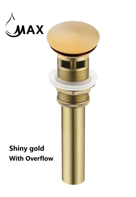 Solid Metal Push Pop Up Sink Drain With Overflow Shiny Gold Finish