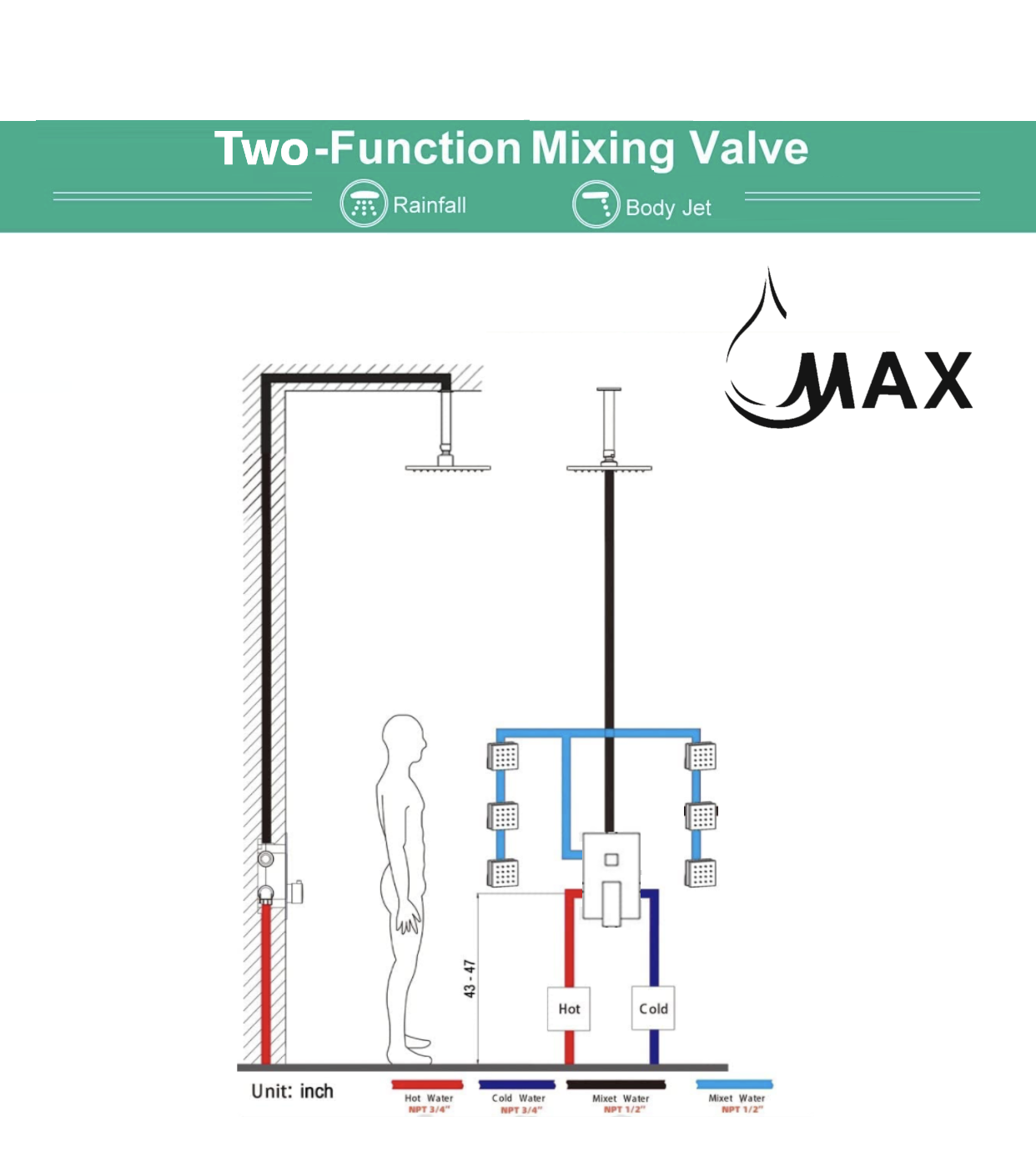 Wall Shower System Set Two Functions With 6 Body Jets Matte Black Finish