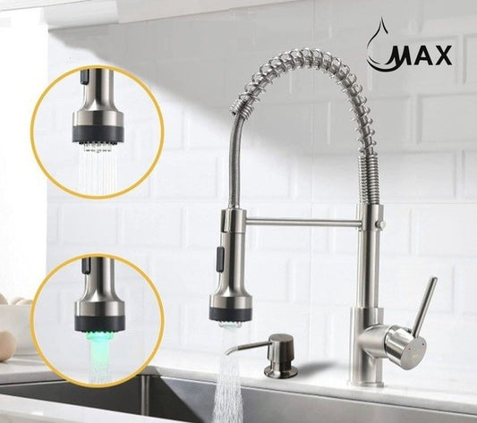 Pull-Down Spiral Flexible Kitchen Faucet 16.5" With LED Light And Soap Dispenser Brushed Nickel Finish