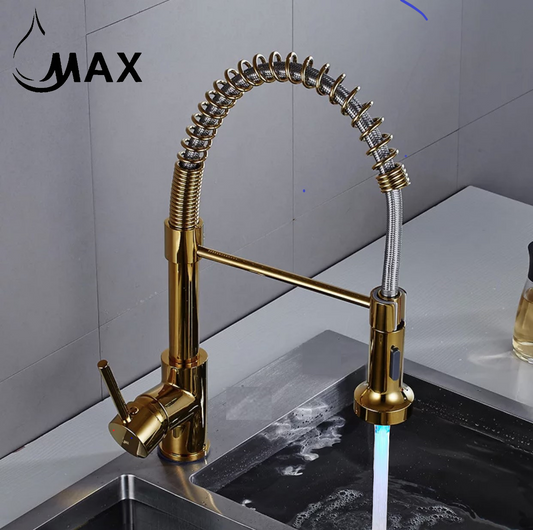 Pull-Down Spiral Flexible Kitchen Faucet 16.5'' With LED Light Shiny Gold Finish.