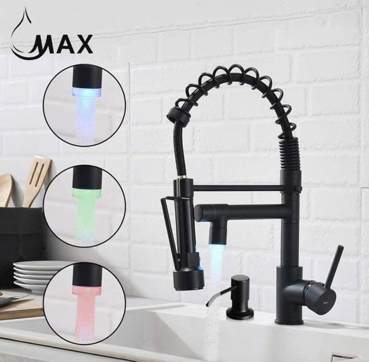 Flexible Pulldown Kitchen Faucet With Soap Dispenser And LED Light Pot Filler 19" Matte Black