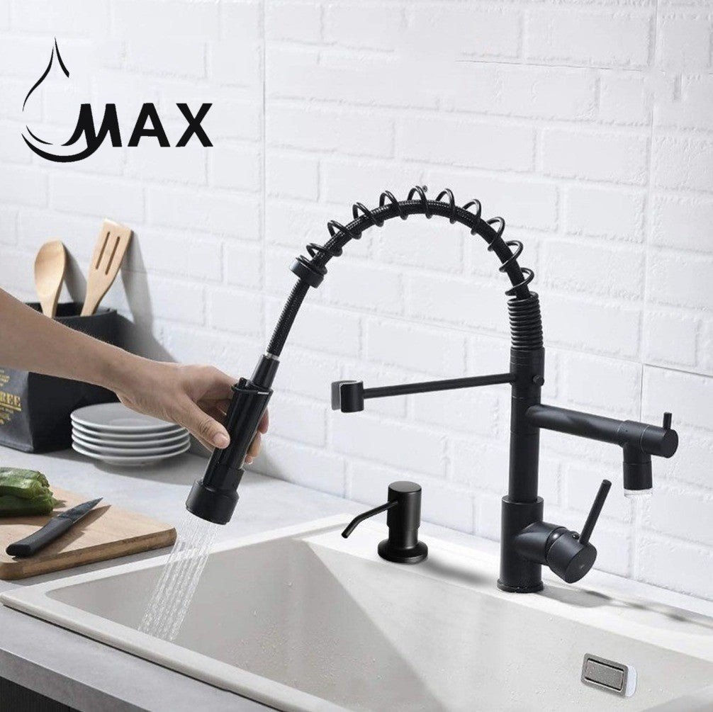 Flexible Pulldown Kitchen Faucet With Soap Dispenser And LED Light Pot Filler 19" Matte Black