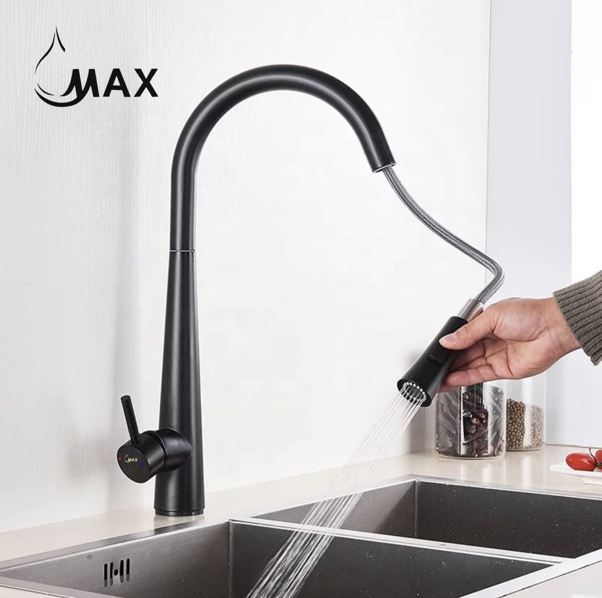 MAX Faucets Smart Touch Kitchen Faucet – Single Handle Pull-Out Sprayer, Hands-Free Sensor, Matte Black, 18”