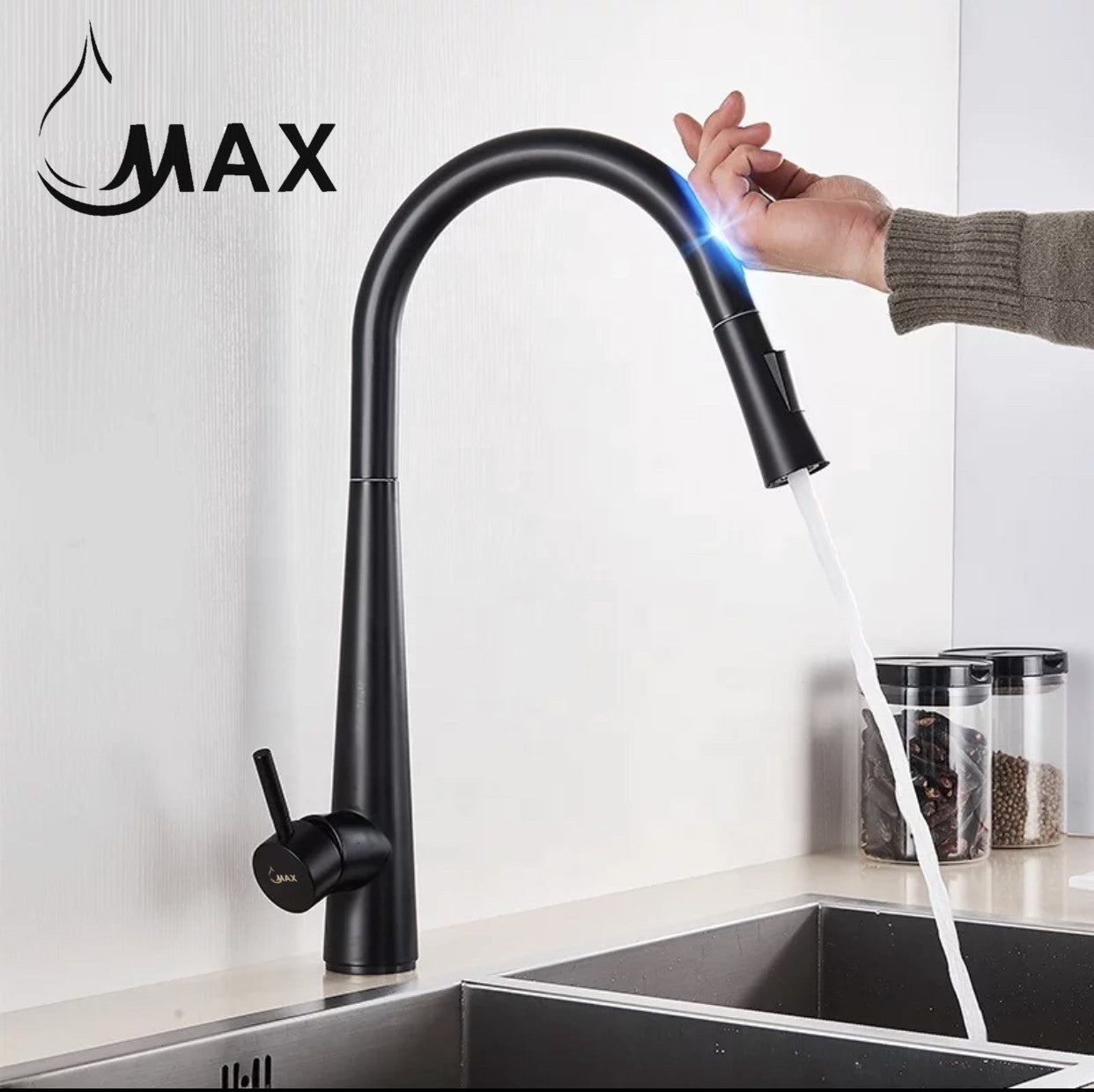 MAX Faucets Smart Touch Kitchen Faucet – Single Handle Pull-Out Sprayer, Hands-Free Sensor, Matte Black, 18”