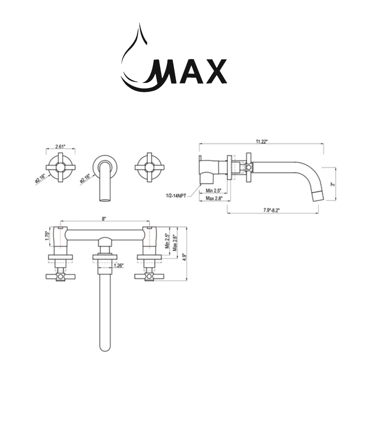 Wall Mounted Bathroom Faucet Double Handle With Rough-in Valve Matte Black