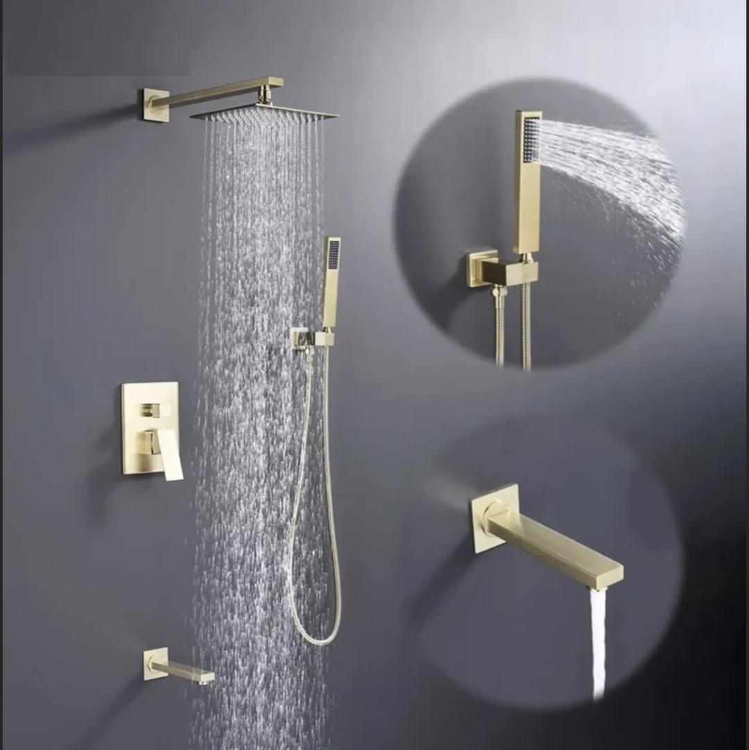Square Tub Shower System Three Functions With Valve Brushed Gold Finish
