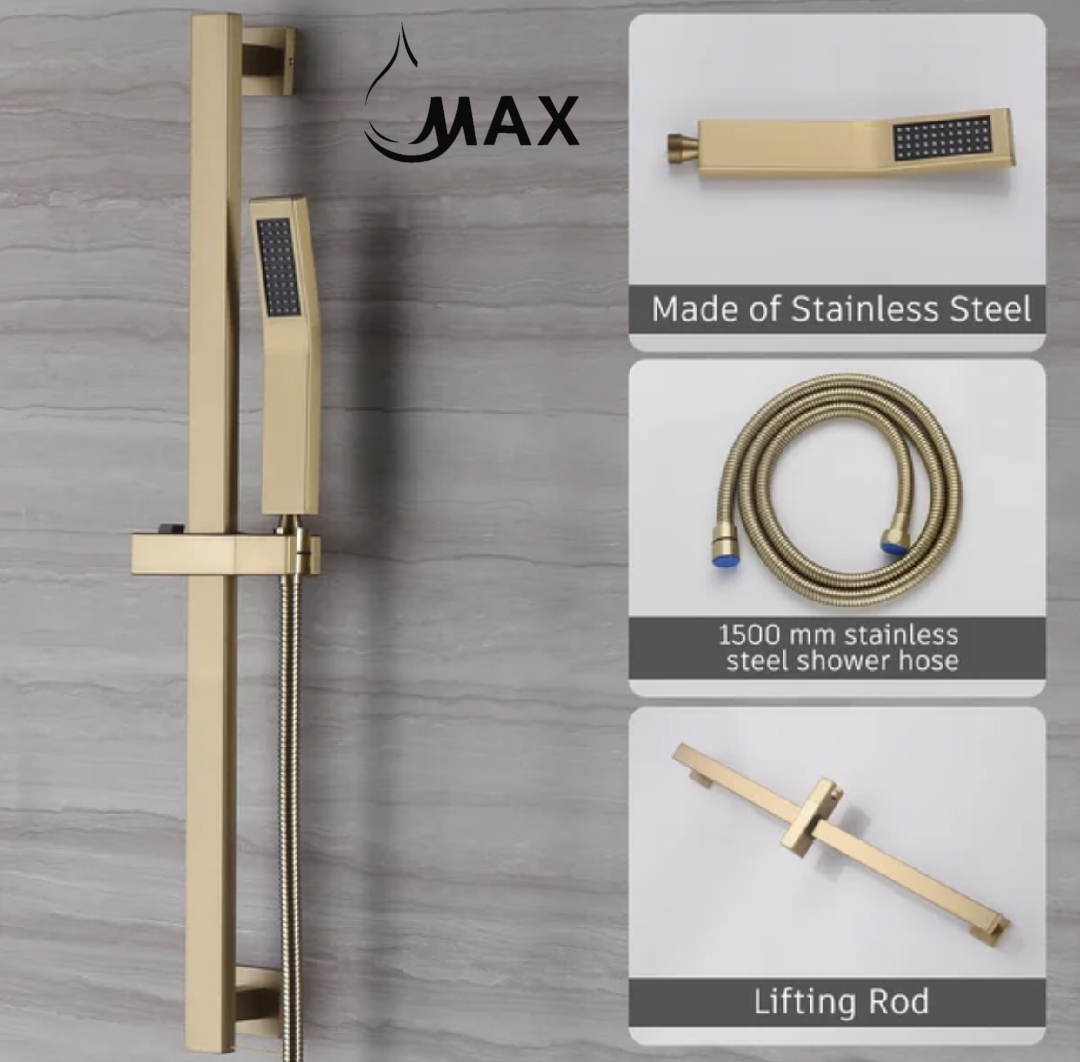 Square Wall Mounted Shower System Two Functions With Hand-Held Slide Bar Brushed Gold