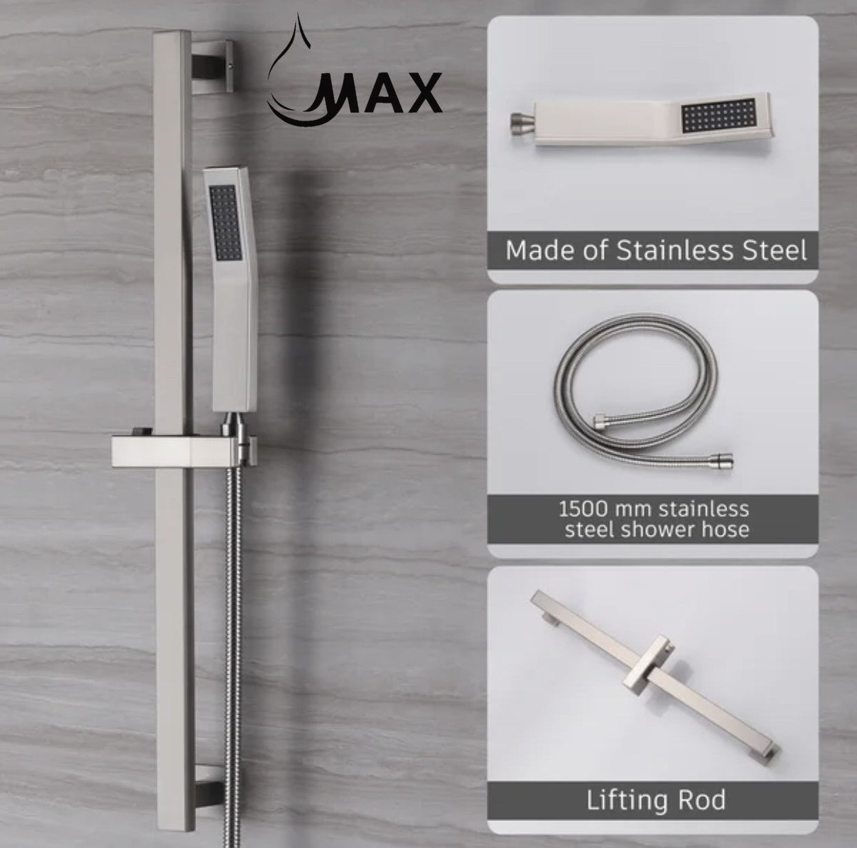 Square Wall Mounted Shower System Two Functions With Hand-Held Slide Bar Brushed Nickel