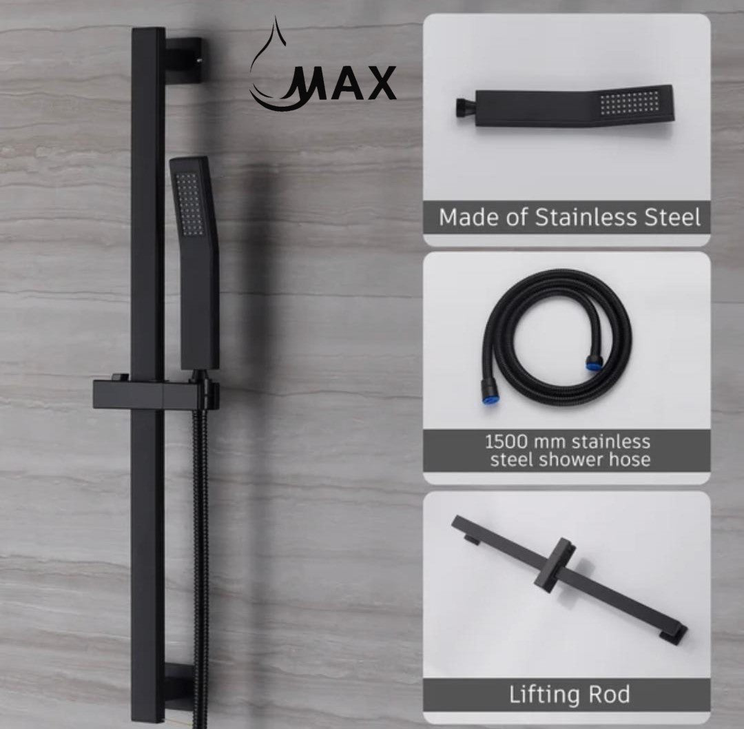 Square Single-Setting Slide Bar Hand Shower In Matte Black Finish