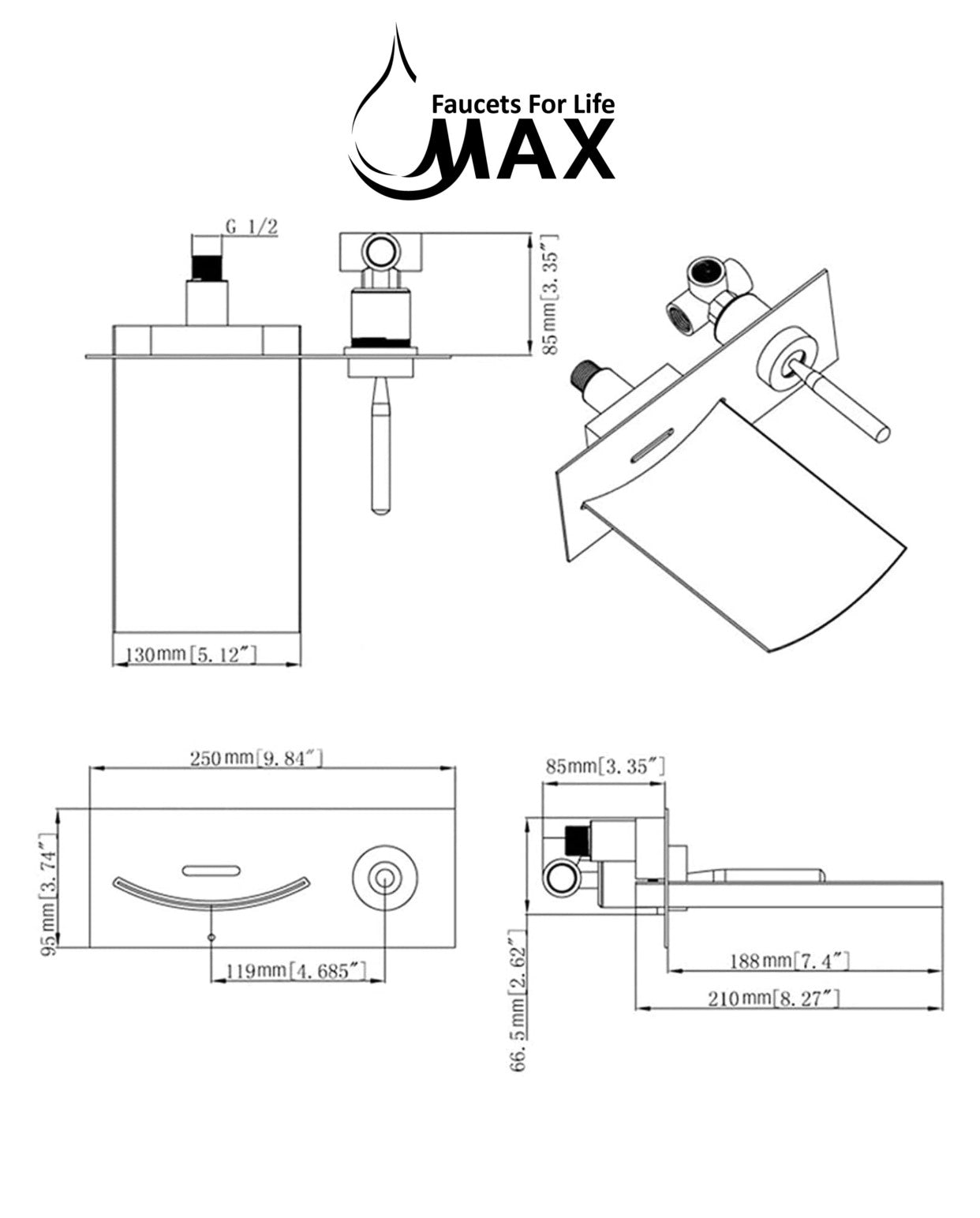 Wall Mounted Bathroom Faucet Waterfall With LED Light Matte Black Finish