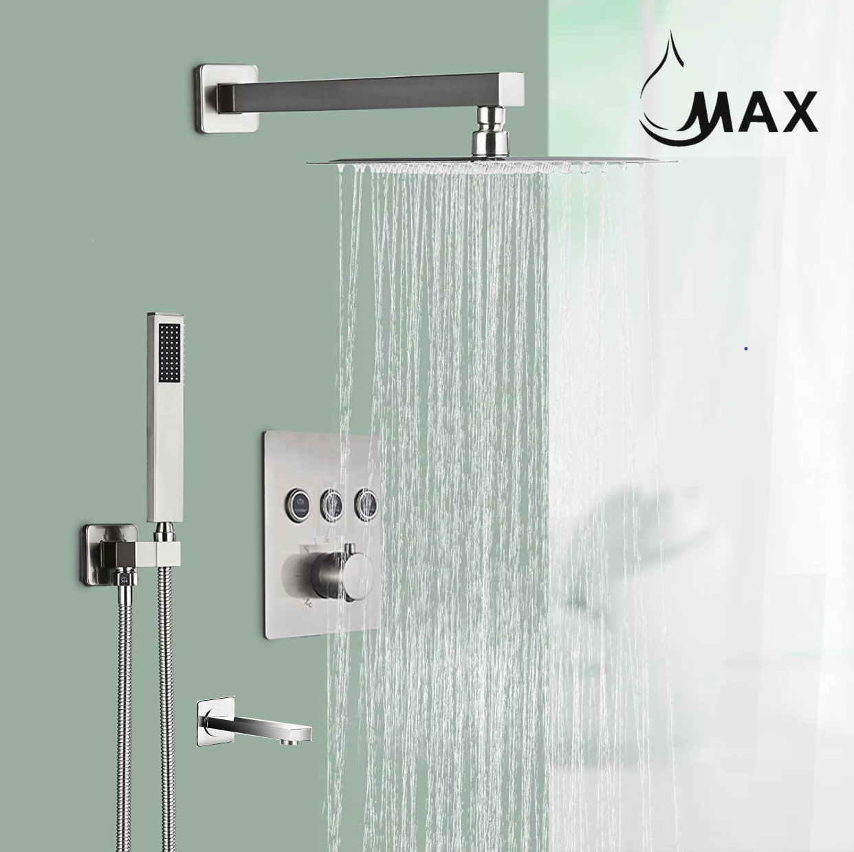 Thermostatic Square Shower System Three Functions With Valve Brushed Nickel Finish