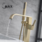 Waterfall Tub Filler Faucet Single Handle Floor Mounted With Rough-In And Handheld Brushed Gold Finish