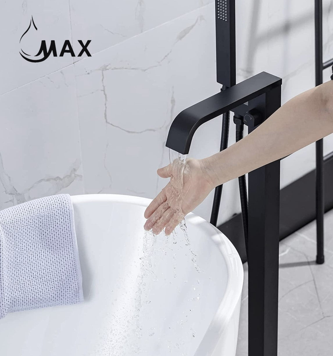 Matte Black Tub Filler Faucet Single Handle Waterfall Floor Mounted With Rough-In And Handheld