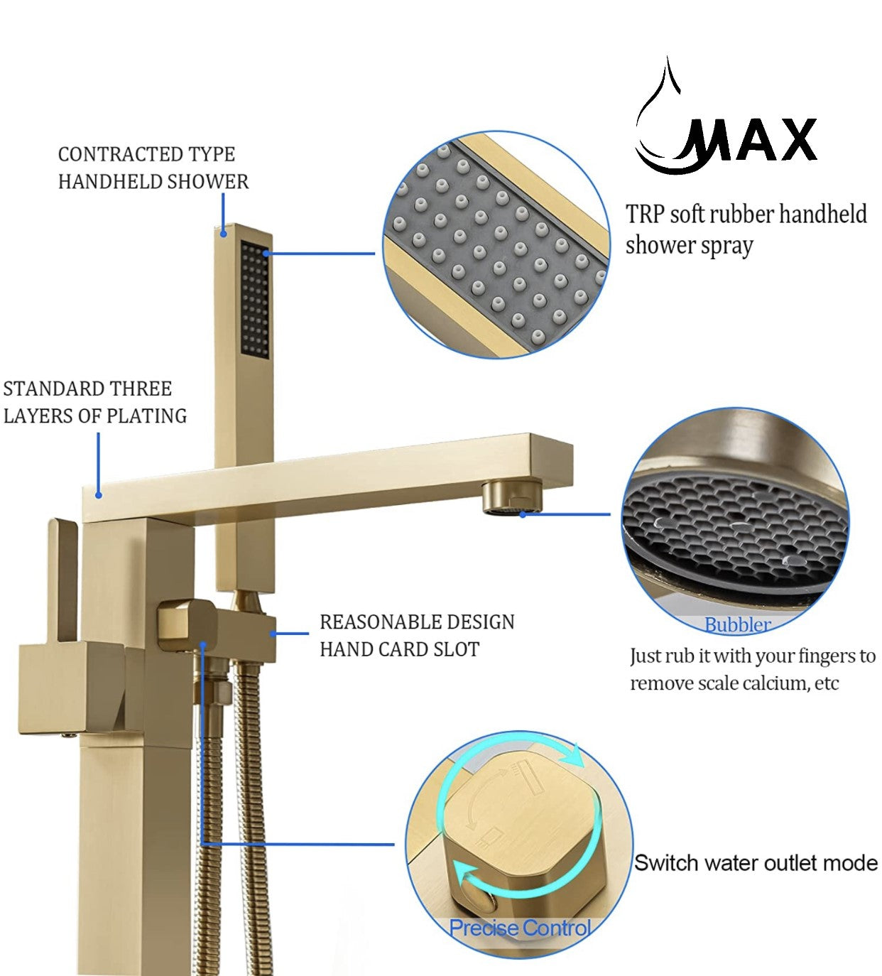 Brushed Gold Tub Filler Faucet Floor Mounted Single Handle With Rough-In And Handheld