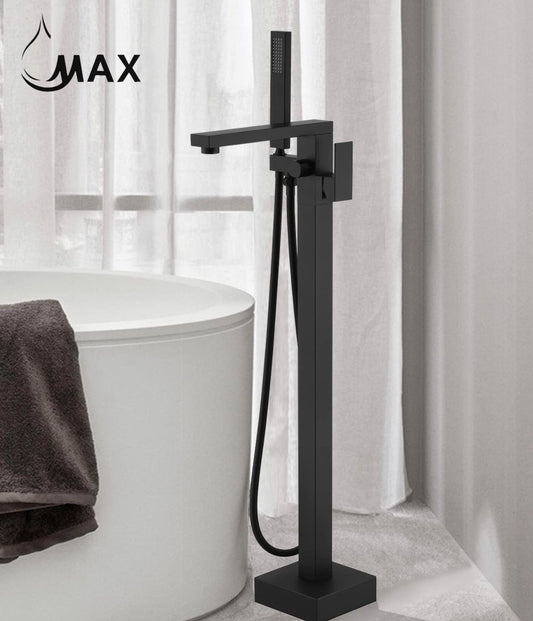 Floor Mounted Tub Filler Faucet Single Handle  With Rough-In And Handheld Matte Black Finish