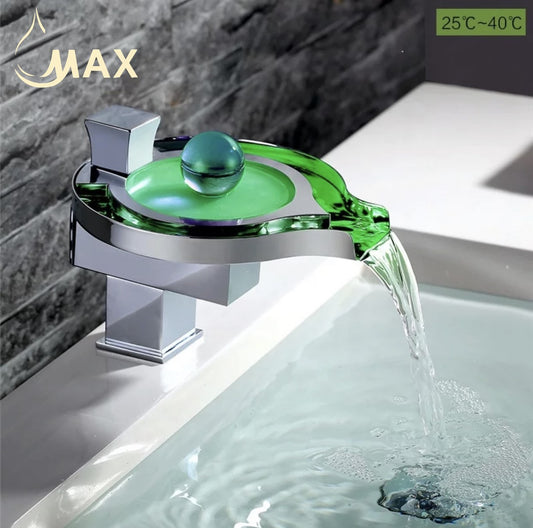 Waterfall Bathroom Faucet With LED Light Chrome,Glass Finish