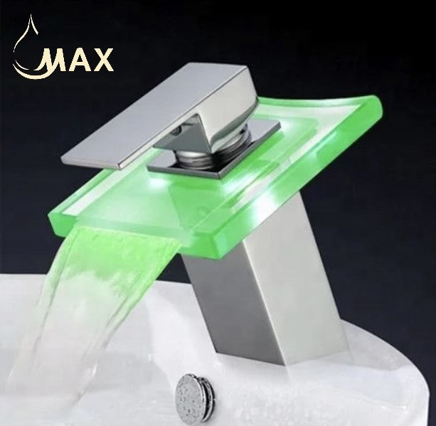 Single Handle Bathroom Faucet Waterfall With LED Light Chrome,Glass Finish
