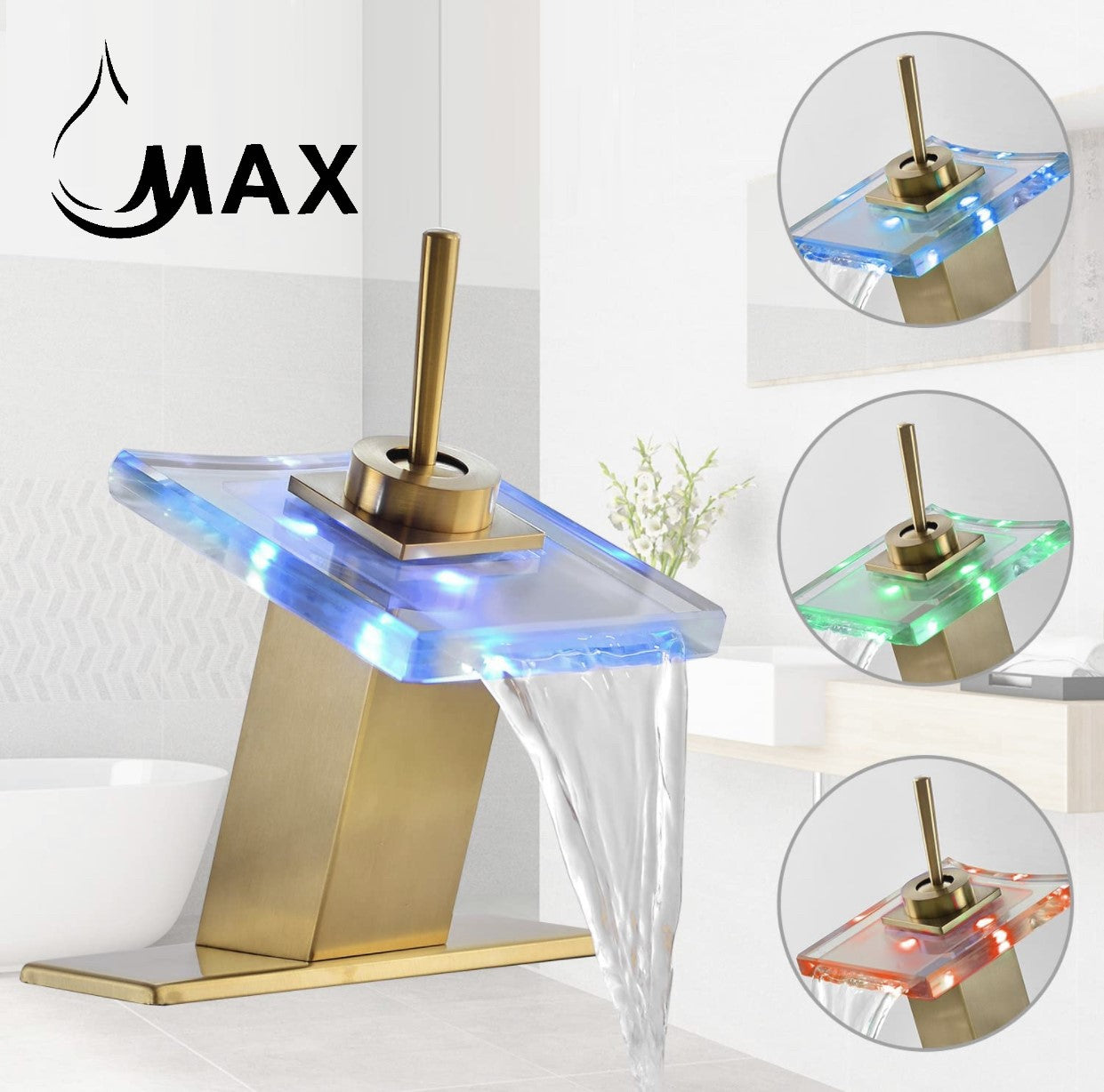 Waterfall Bathroom Faucet Single Handle With LED Light Brushed Gold,Glass Finish